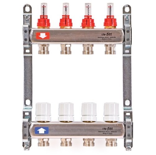 Коллекторная группа на 4 выхода 1'х3/4" ЕК UNI-FITT из нержавейки с расходомерами
