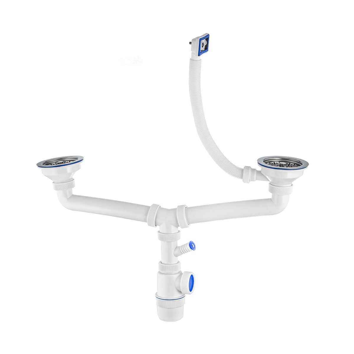 Сифон "элит" для 2-й мойки с нерж. чашкой 114 мм с отводом и прямоуг. переливом (1/15) "вирпласт"