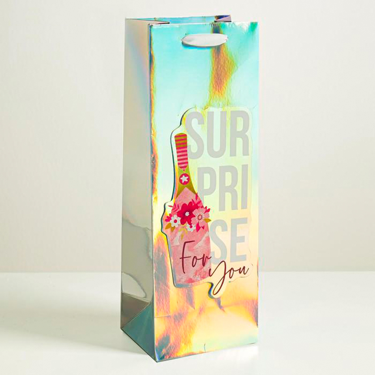 Пакет подарочный под бутылку голографический "surprise" 13*36*10 см (1/235) "дарите счастье" 4807296