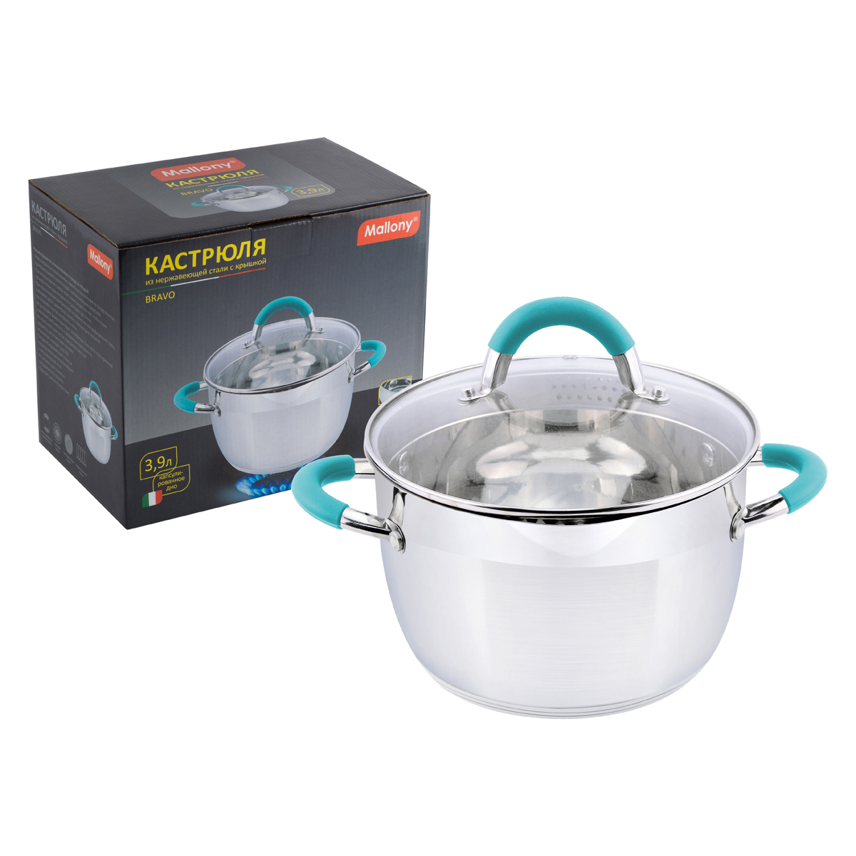Кастрюля нержав. "bravo" 3,9 л стекл. крышка, 20*12,5 см (1/6) "mallony"