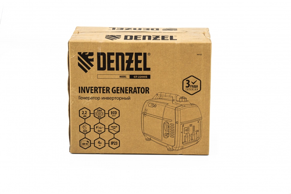 Генератор инверторный GT-2200iS, 2.2 кВт, 230 В, бак 4 л, закрытый корпус, ручной старт Denzel (94702)