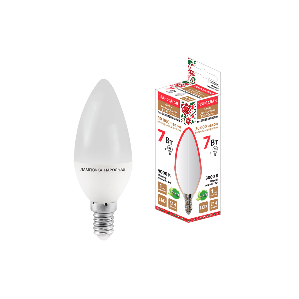 Лампа светодиодная fс37 свеча 7w 3000 к  e14, тепл. свет (10/100) народная sq0340-0193