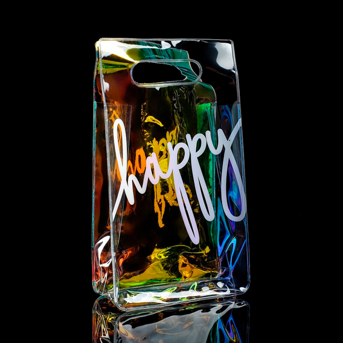 Пакет подарочный пластик. голографический "happy" 13*23*6 см (1/10/200) "дарите счастье" 4439394