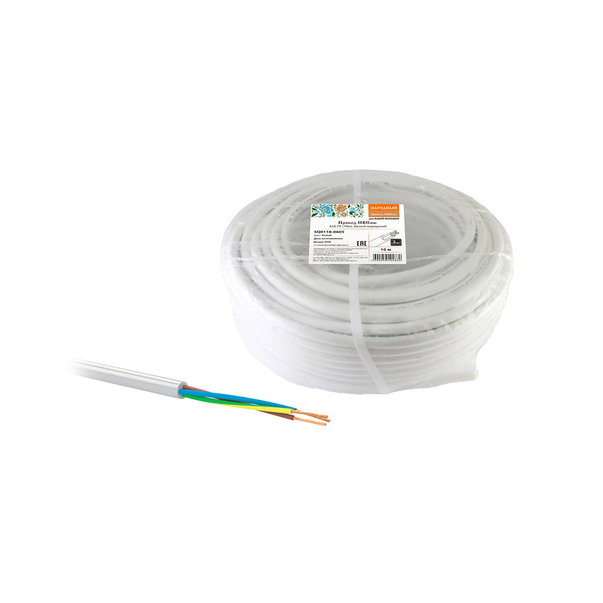 Провод пвсмб 3 х 0,75 мм² (бухта 10 м) белый (1/10) народный sq0118-0605