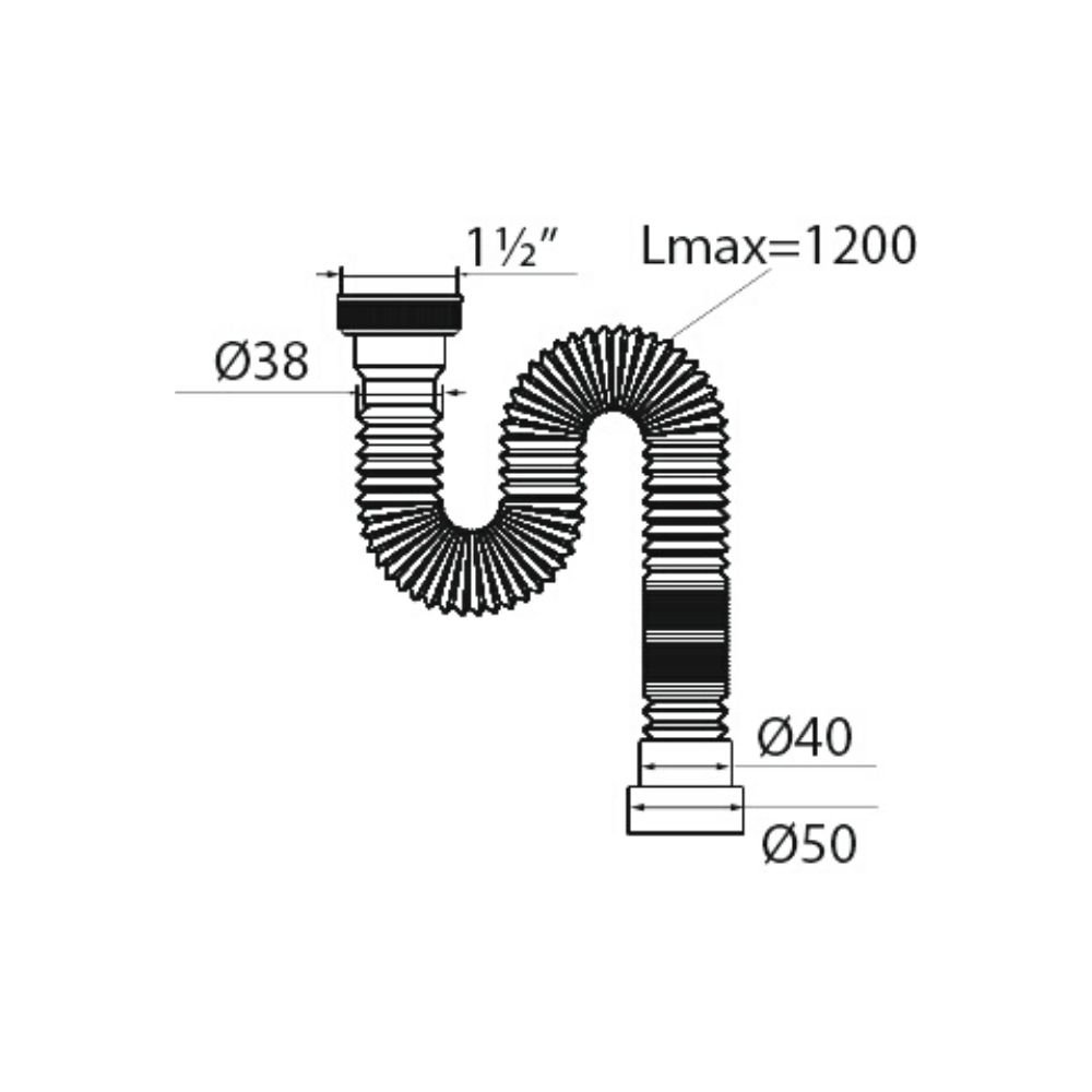 Сифон гофрированный Мини Элит 1 1/2 х 40/50 мм без выпуска, удлинённый L1200 мм, с хомутом жёсткости