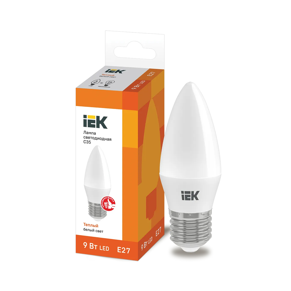 Лампа светодиодная (led) "iek" c35 свеча 09w 3000 к e27, тепл. свет (10/100)