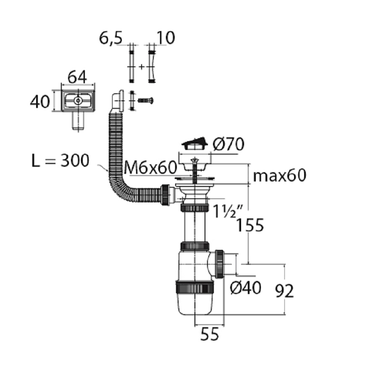 Сифон "элит" с нерж. чашкой 70 мм, с прямоуг. переливом 300 мм (1/35) "вирпласт"