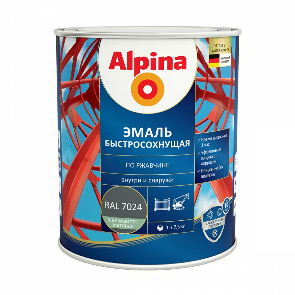 ALPINA эмаль быстросохнущая по ржавчине RAL 7024 графитово серый шелк-матовый (0,75л)