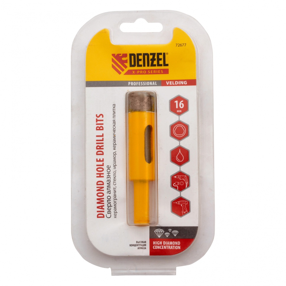 Сверло алмазное по керамограниту, 16 мм, мокрая резка, трехгранный хвостовик Denzel (72677)