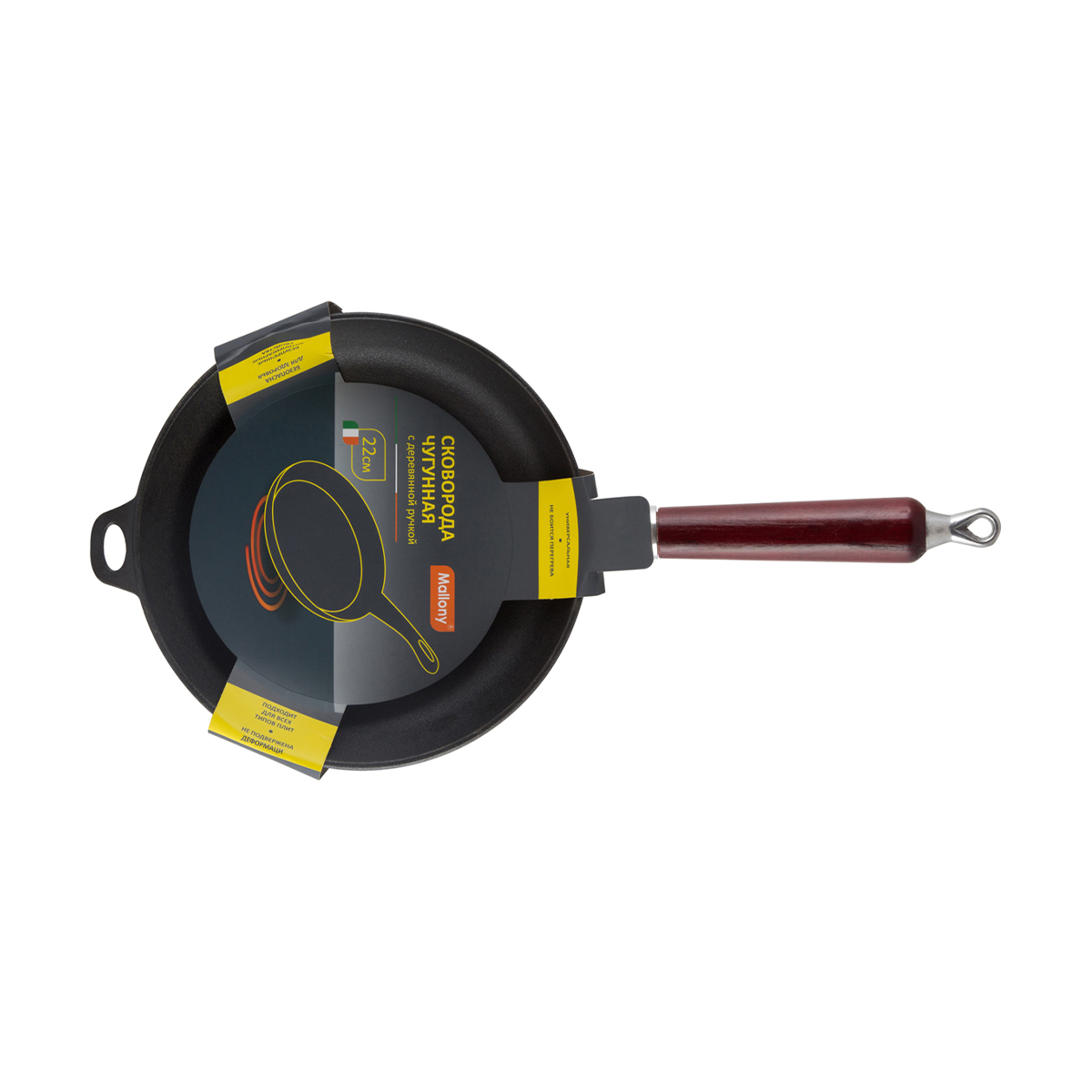 Сковорода чугунная 22 см ручка дерев. (1/4) "mallony"  cif22-w