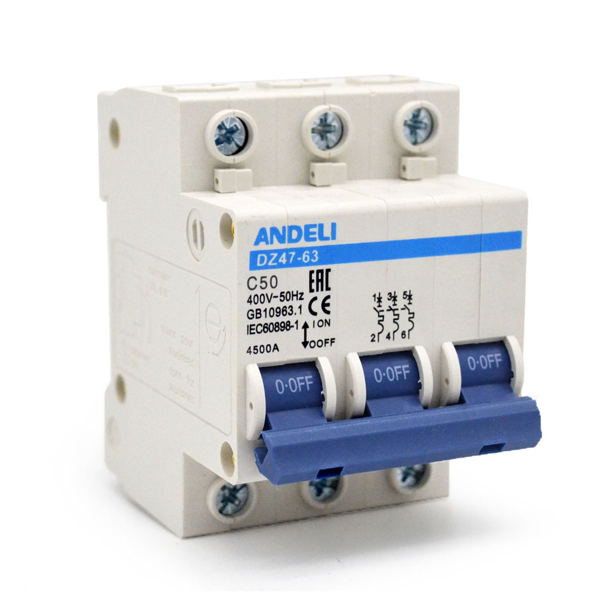 Выключатель автомат. dz47-63 3p 50a 4,5ka тип c (1/4/80) "andeli"