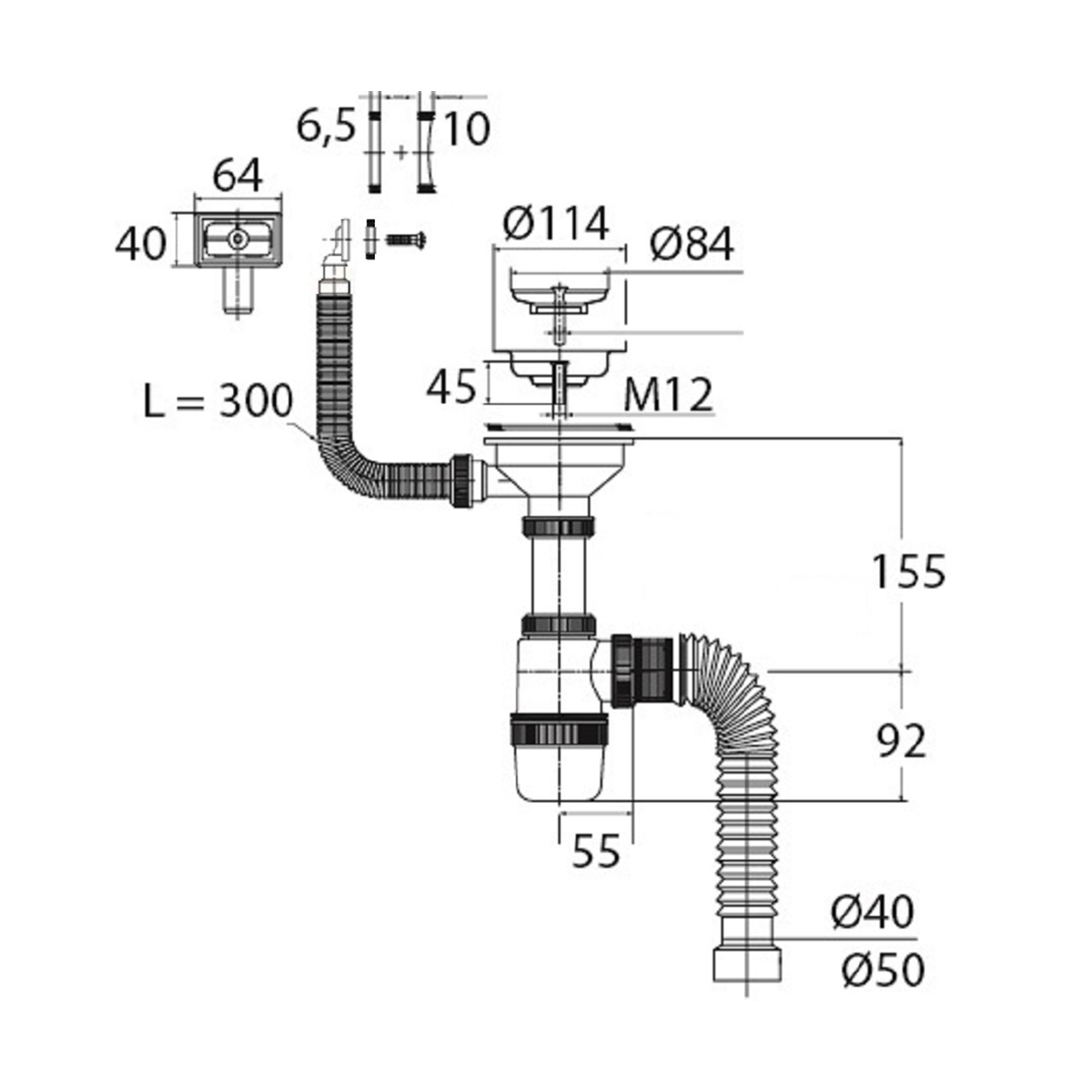 Сифон "элит" с нерж. чашкой 114 мм с прямоуг. переливом и гофротрубой 800 мм (1/25) "вирпласт"