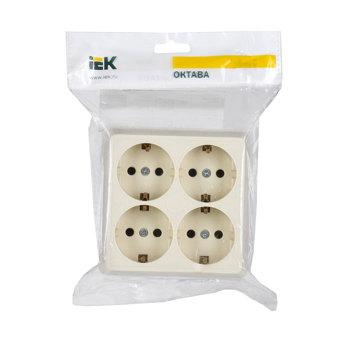 Розетка открыт. уст. "октава" 4-х местн. с заземл. рс24-3-ок, 16а, кремовый (1/16/192) "iek"