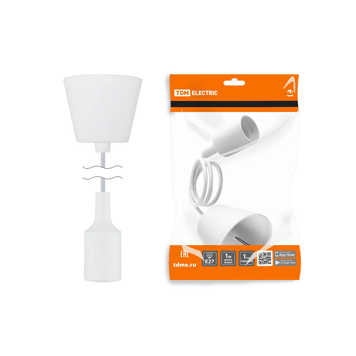 Патрон для лампы е27 пластик, с подвесом 1 м, белый (1/60) tdm sq0335-0061