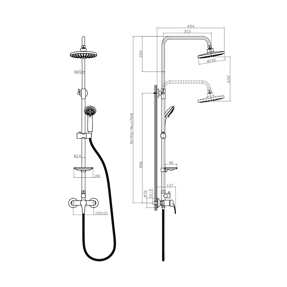 Душевая система  a35-45  лейка 3 реж., верх. душ "тропич. дождь" (1/4) "rossinka"