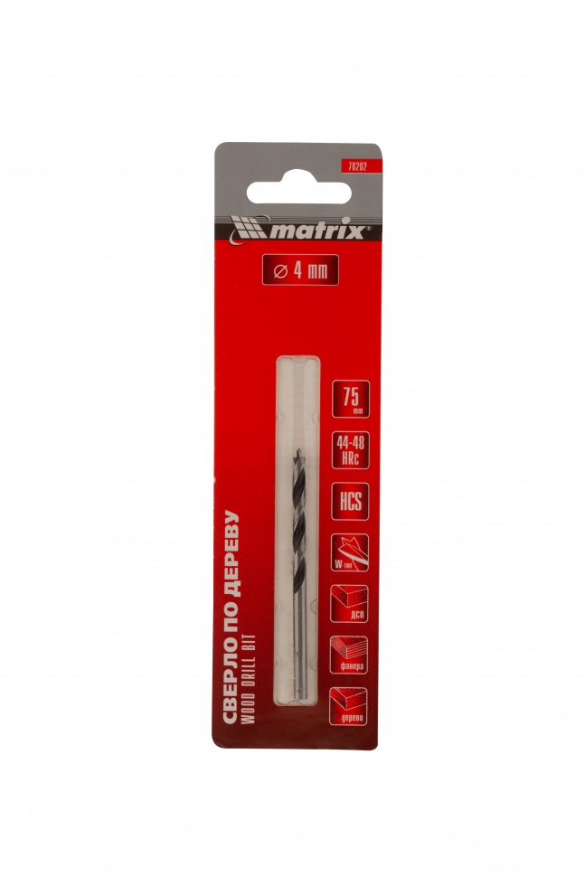 Сверло по дереву, 4 x 75 мм, цилиндрический хвостовик Matrix (70202)