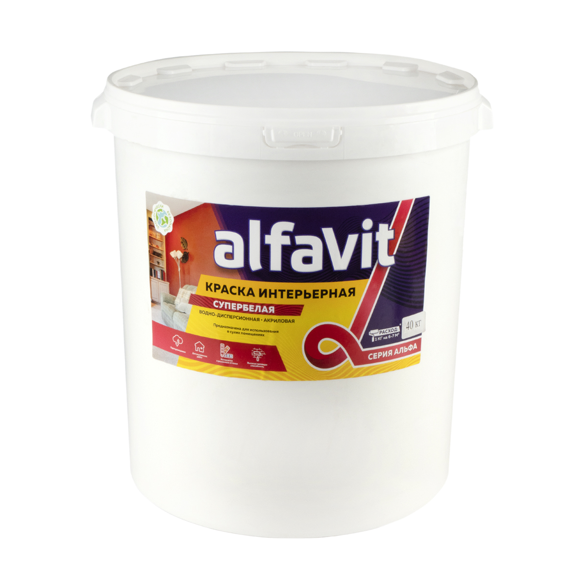 Краска в/д интерьерная супербелая "alfavit" 40 кг (1) серия альфа