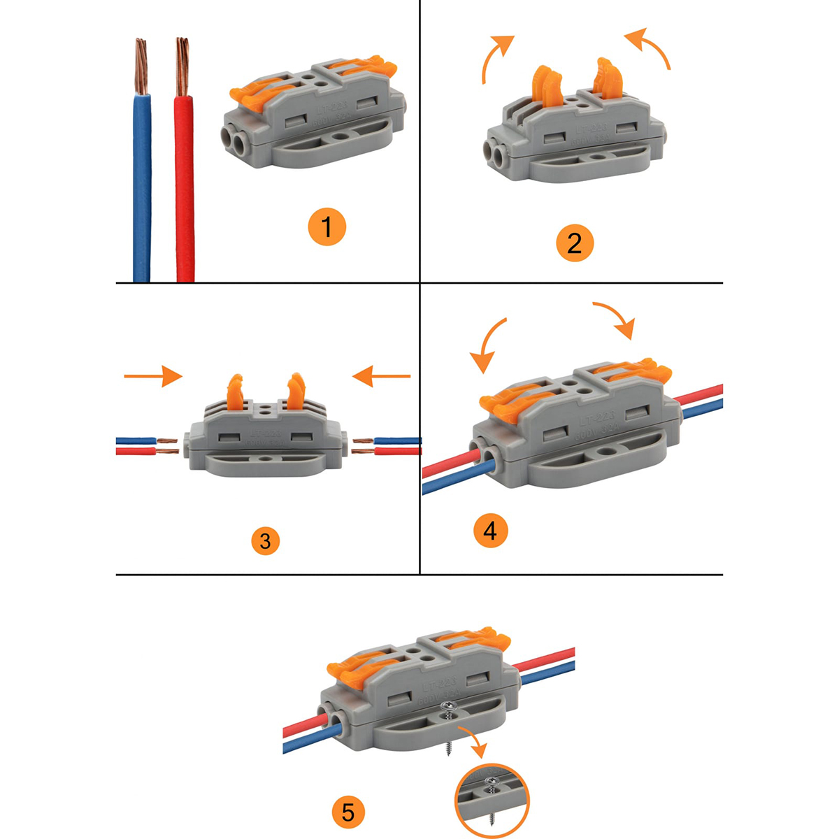 Клеммы проходные смк 222-422p, 2 полюса упак. 5 шт. (серые) (1/10) "rexant" 07-6262-5