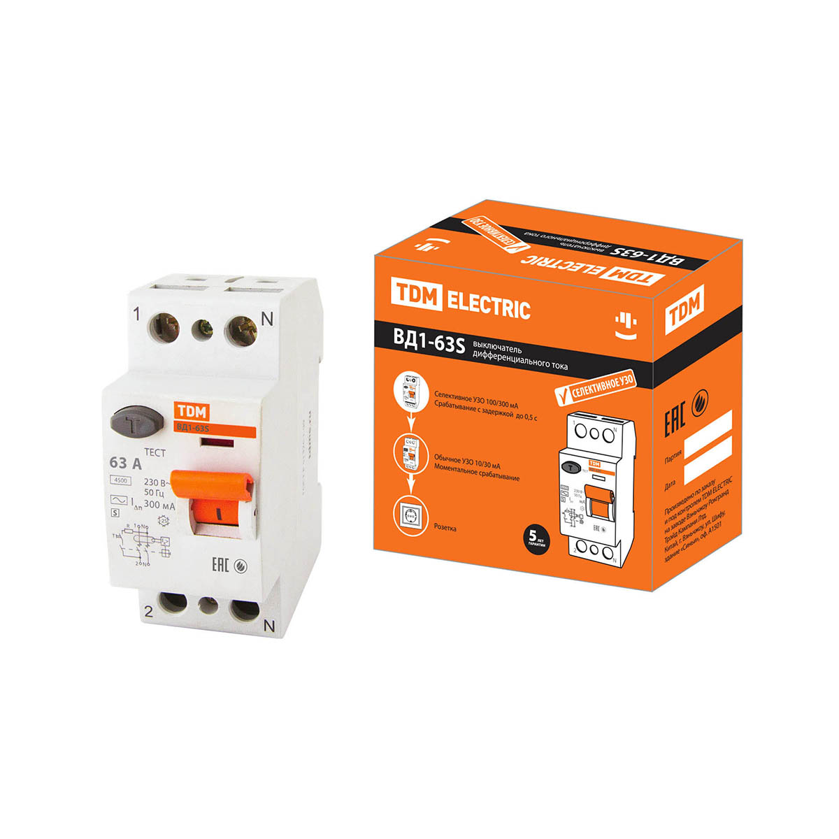 Устройство защитного отключения узо вд1-63s 2р 63а 300ма (1/60) tdm sq0203-0061