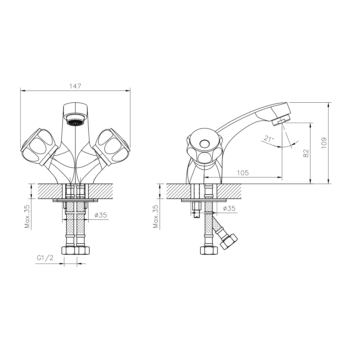 Смеситель для умывальника  dr50011r двухвентильный, монолитный (1/12) "decoroom"