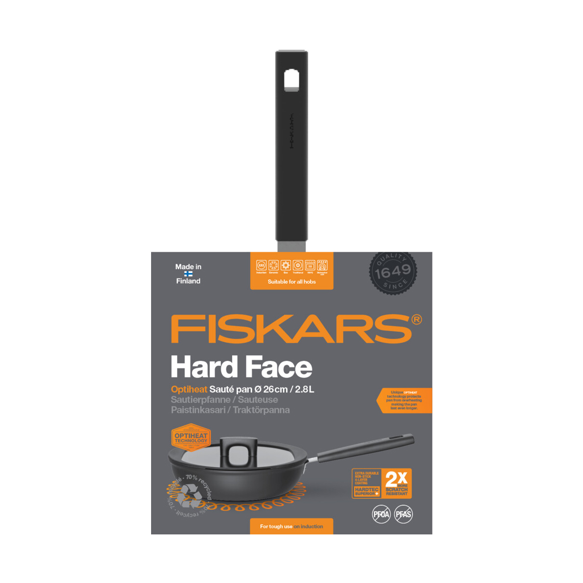 Сотейник "hard face" optiheat 26 см, 2,8 л с крышкой (1/4) "fiskars" 1052238
