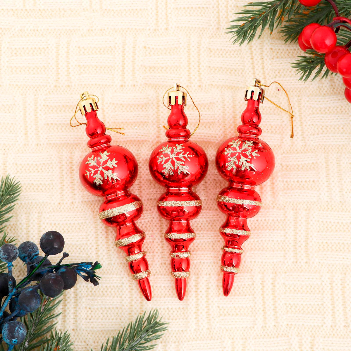 Украшение новогоднее "сосулька со снежинкой" (набор 3 шт.) 3,5*12 см, красный 4941869