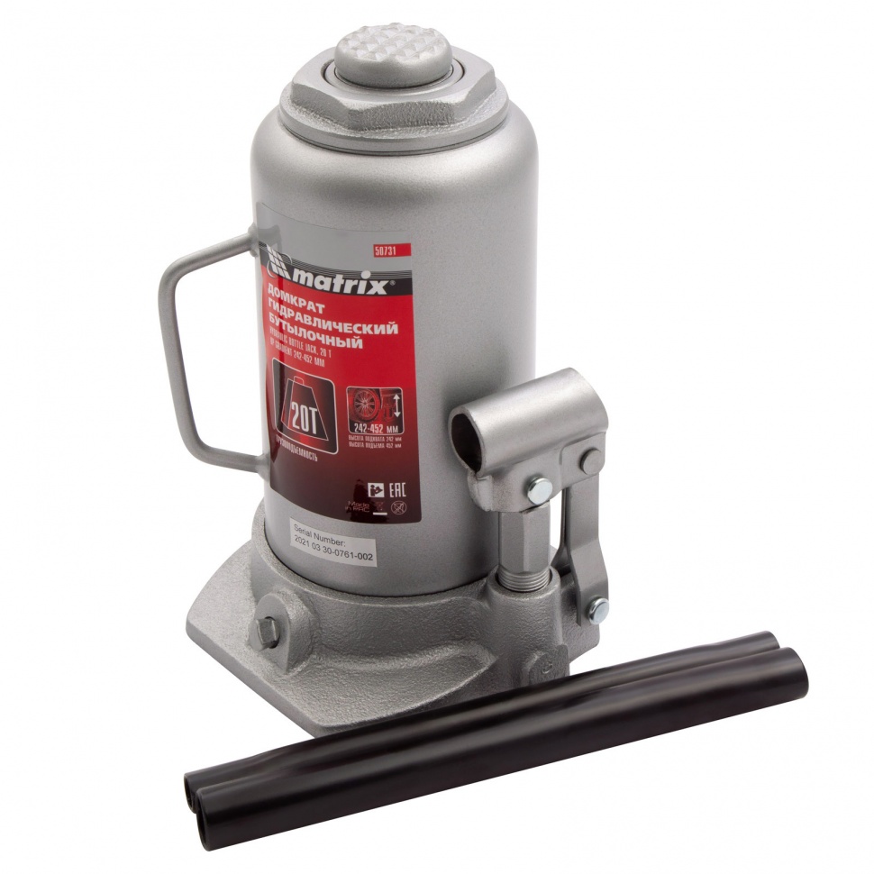Домкрат гидравлический бутылочный, 20 т, высота подъема 242-452 мм Matrix (50731)