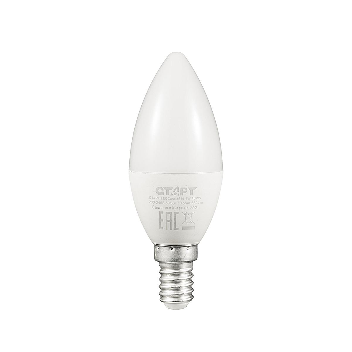 Лампа светодиодная "старт эко" свеча 7w 4000 к  e14, хол. свет (10/100)