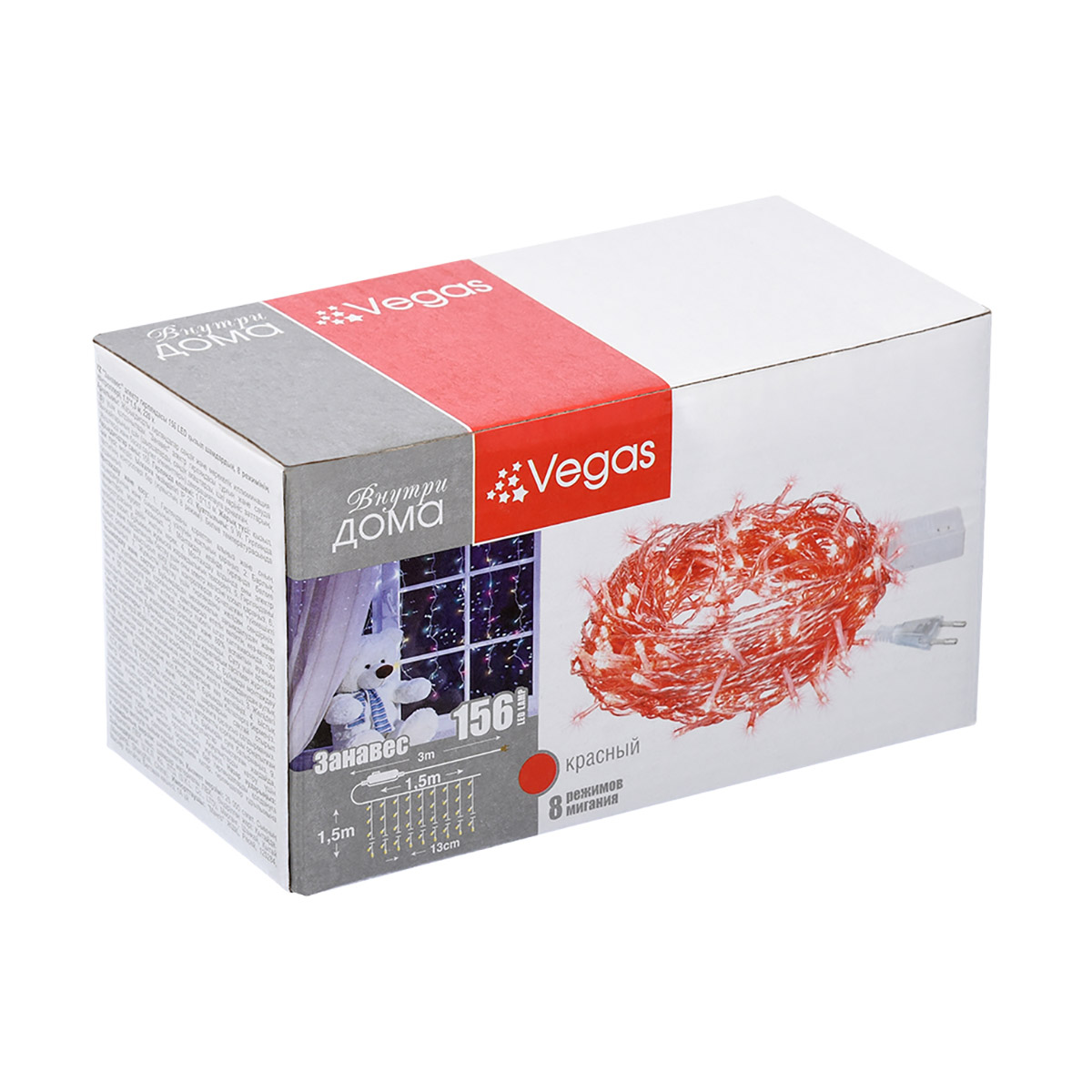 Электрогирлянда "занавес" 1,5*1,5 м, 156 красных ламп, 12 нитей, 8 реж.(1/20) "vegas"