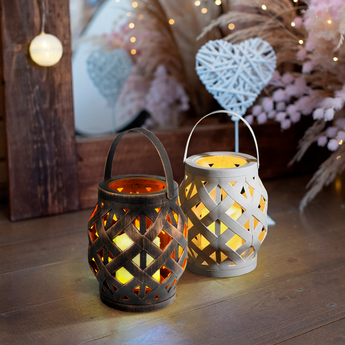 Фонарь декор. со свечой плетеный 14*14*16,5 см, белый, теплый белый свет (1/12) "neon-night" 513-057