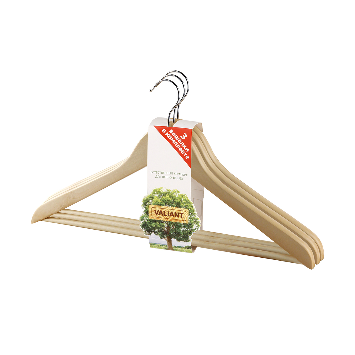 Вешалки для одежды дерев. с перекладиной (3 шт.) натур. (1/32) "valiant" 16601s