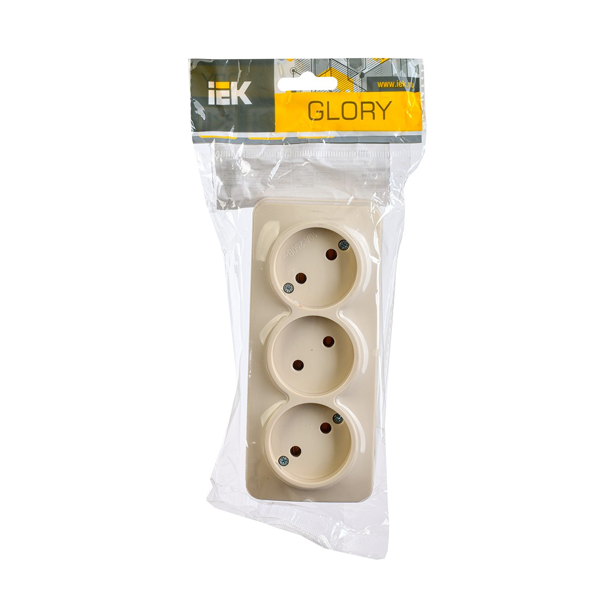 Розетка открыт. уст. "glory" 3-х местн. рс23-2-хк, 10а, кремовый (1/24/288) "iek"