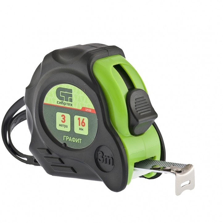 Рулетка Графит, обрезиненный корпус, амортизатор, 3 м х 16 мм Сибртех (32530)