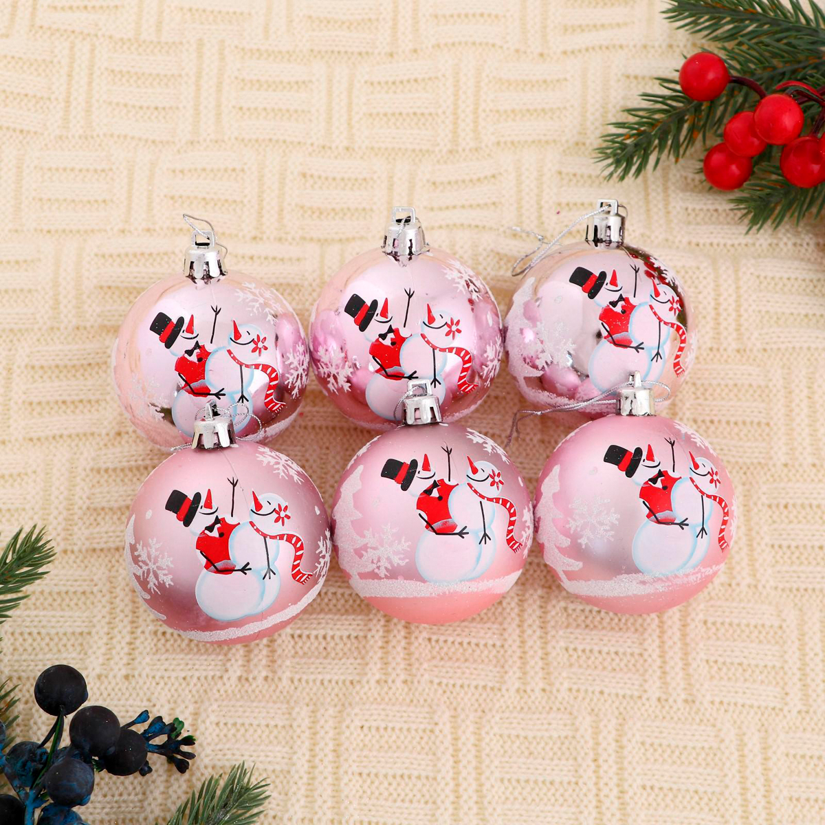 Шары новогодние d-6 см (набор 8 шт.) "снеговики" розовый "зимнее волшебство" 4941851