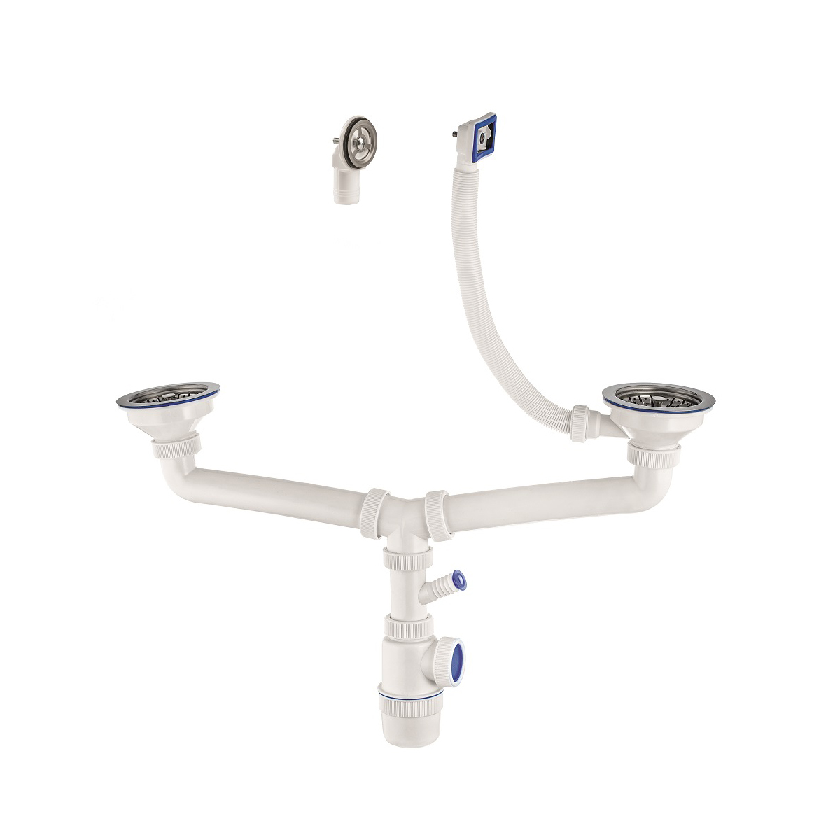 Сифон "элит" для 2-й мойки с нерж. чашкой 114 мм отвод, кругл. и прямоуг. перелив (1/15) "вирпласт"