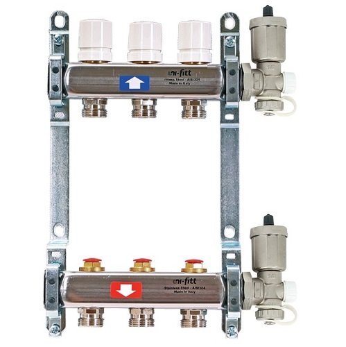 Колл. группа 1"x3/4" ЕК 3 выхода UNI-FITT с вентилями и воздухоотводчиками - нерж.сталь