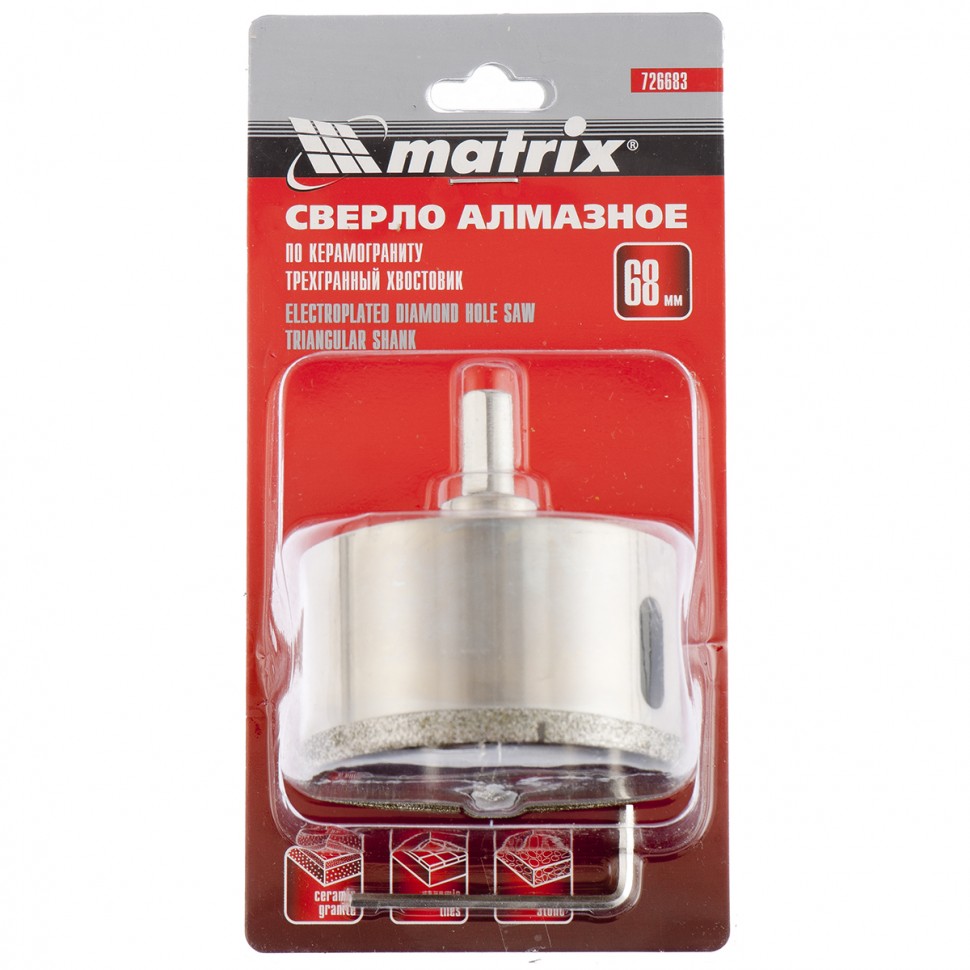 Сверло алмазное по керамограниту, 68 х 67 мм, трехгранный хвостовик Matrix (726683)