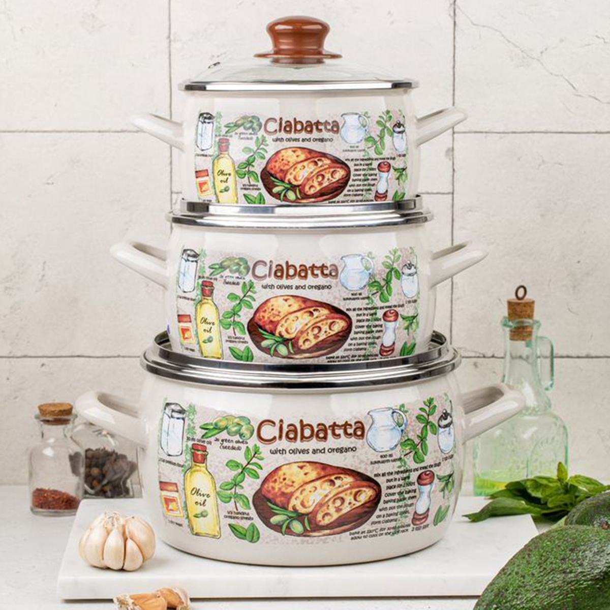 Набор кастрюль эмалиров. "чиабатта" (2,4 + 3,3 + 5,7 л) (1) "metrot"