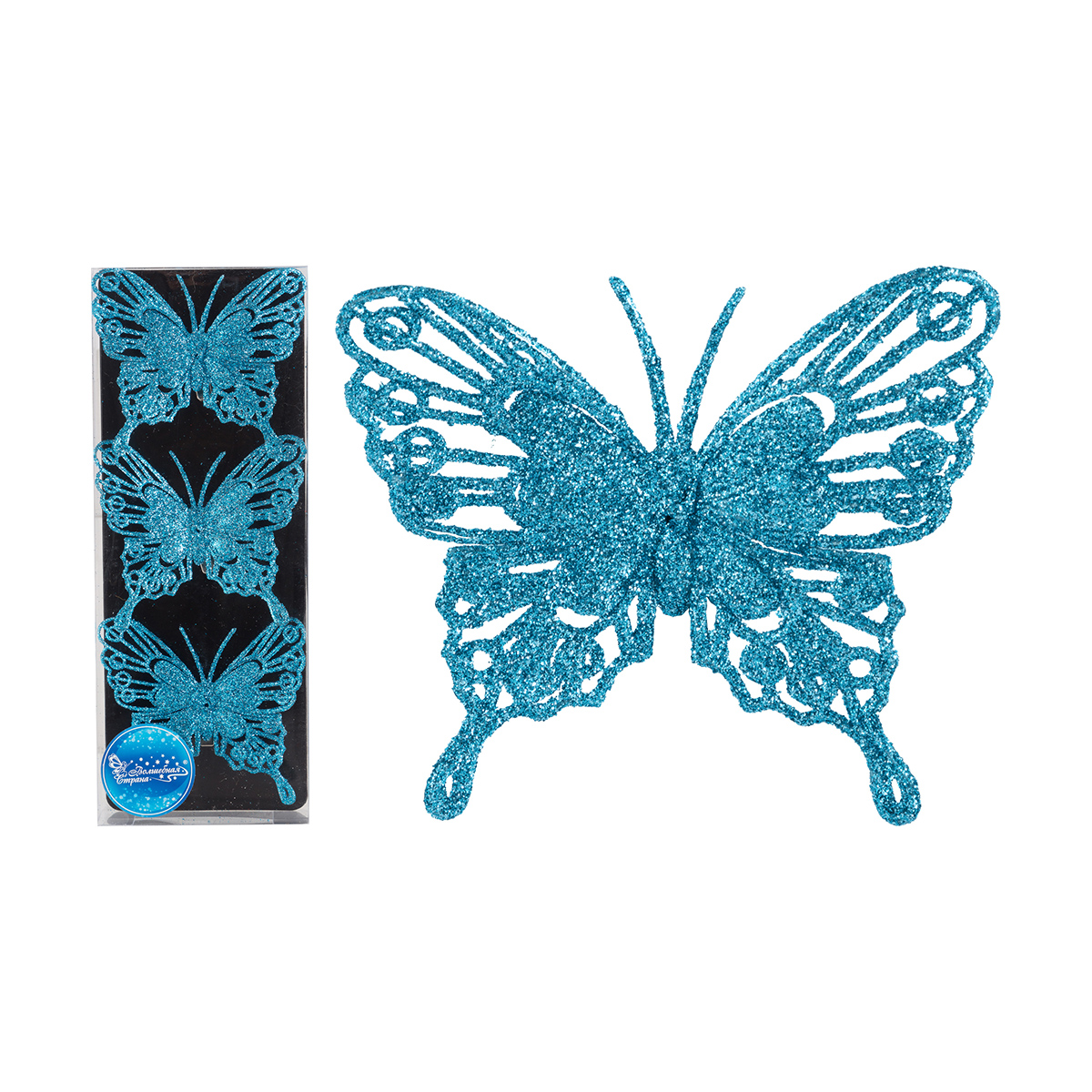 Украшение новогоднее "бабочки" 3 шт, 10*8 см, голубой (1/48) "волшебная страна"