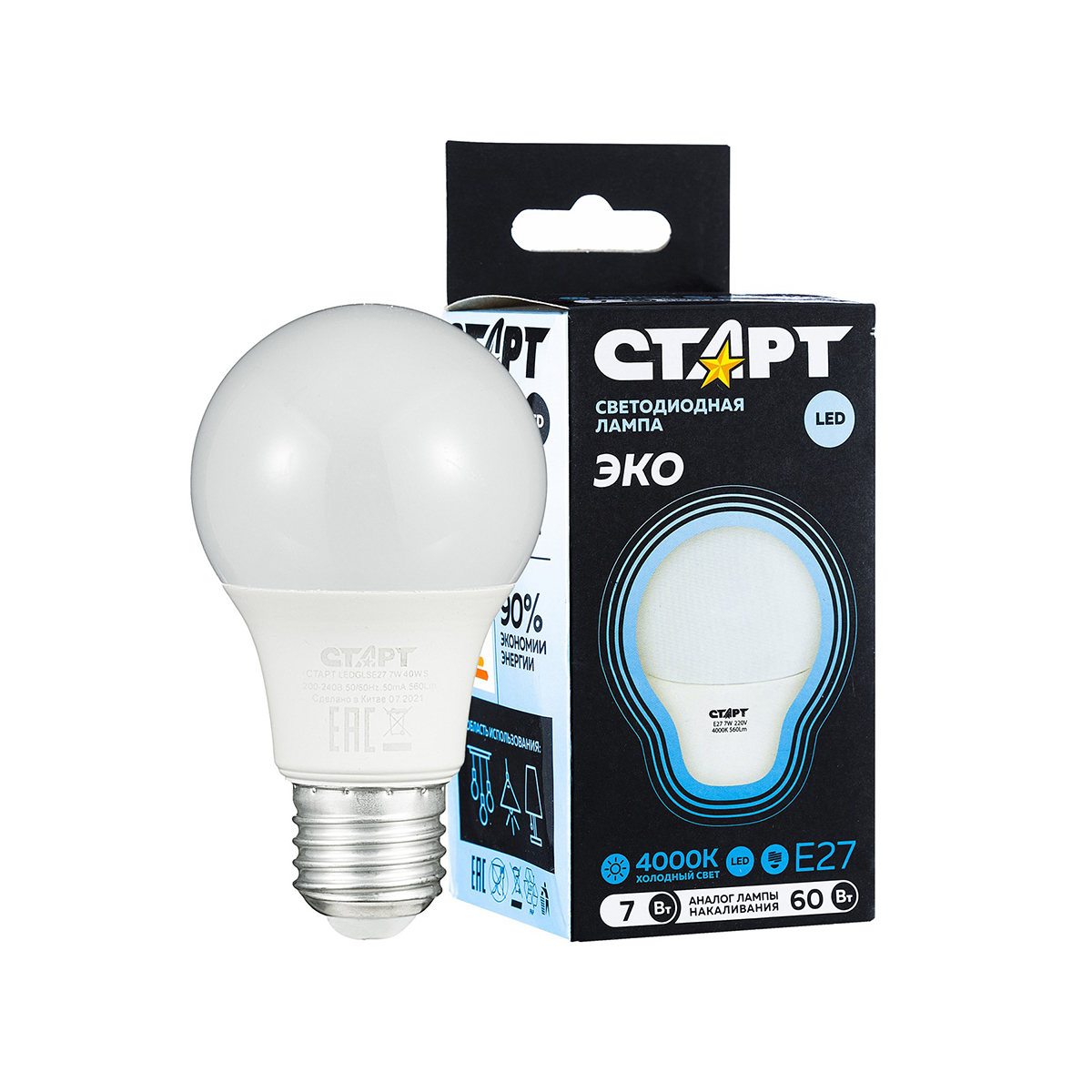 Лампа светодиодная "старт эко" груша 7w 4000 к  e27, хол. свет (10/100)