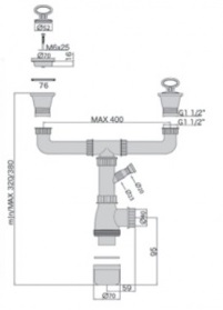 Сифон для сдвоенной мойки с подводкой для шланга и нерж. решетками 1"1/2х40мм D=70мм M0448 MIANO