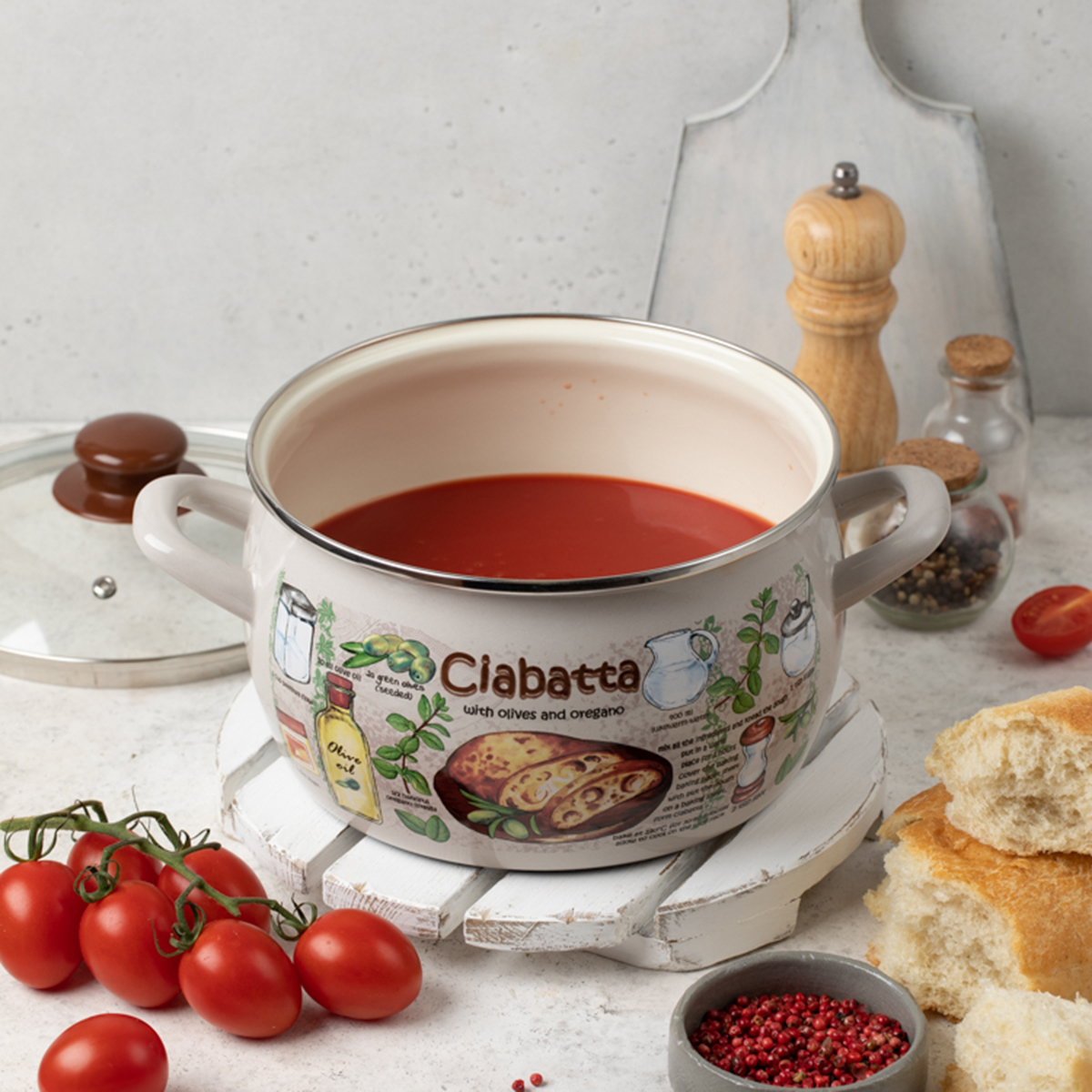 Кастрюля эмалиров. "чиабатта" 3,3 л, 18 см стекл. крышка (1/6) "metrot"