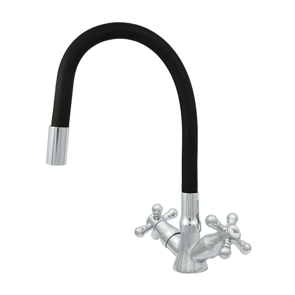 Смеситель для кухни "эко" цс-см 25г к м_крест елочка гибкий силикон. излив, двухвент.(черный) (1/10)