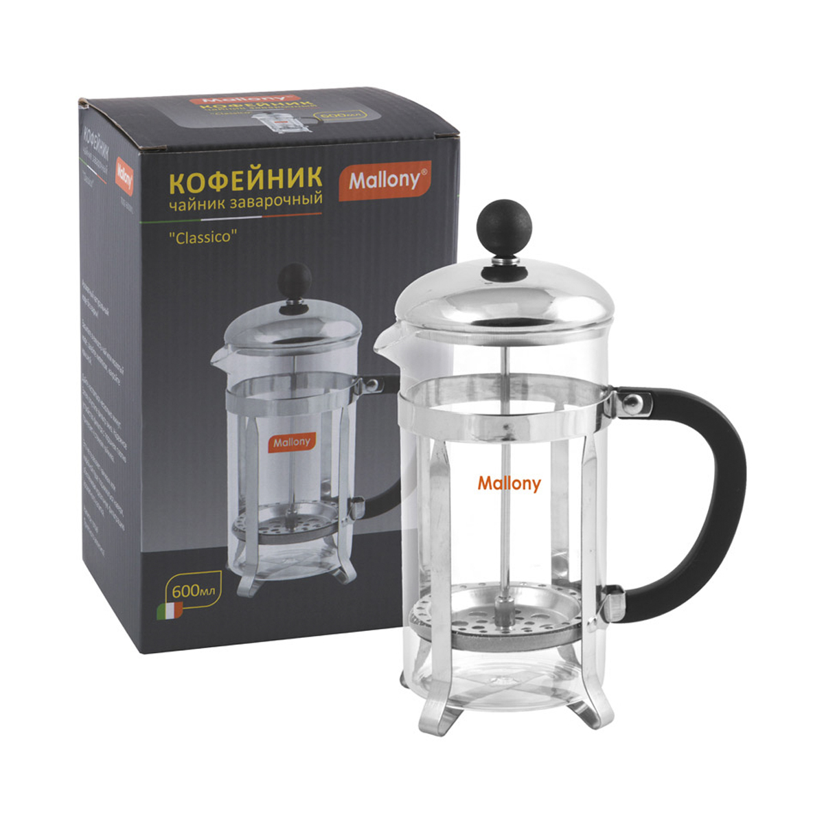 Чайник-кофейник с прессом "classico" стекло 600 мл (1/12) "mallony" t002-600ml