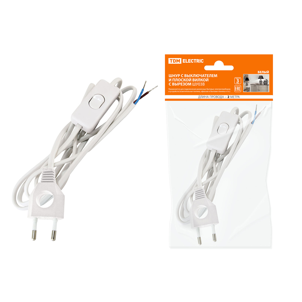 Шнур шу03в шввп 2 х 0,75 мм² 2 м, выключ., плоск. вилка с вырезом, белый (1/80) tdm sq1305-0021
