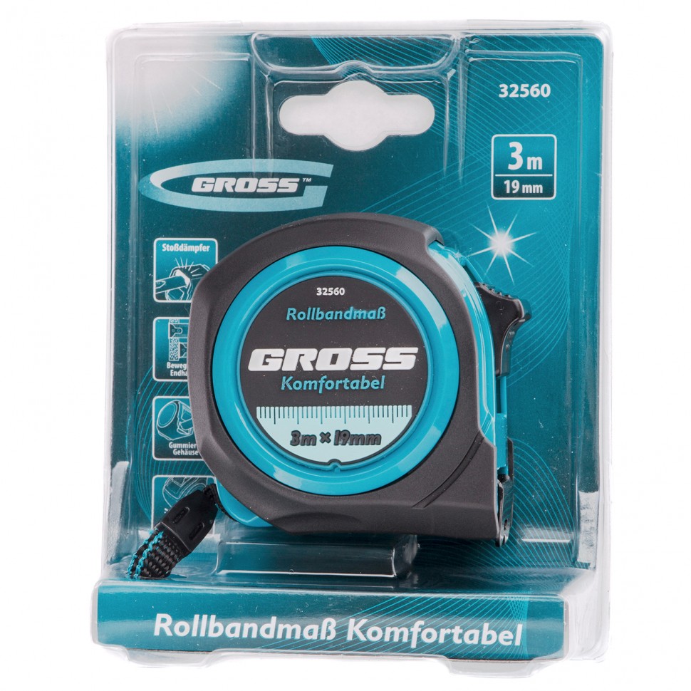 Рулетка Komfortabel 3 м х 19 мм, обрезиненный корпус Gross (32560)