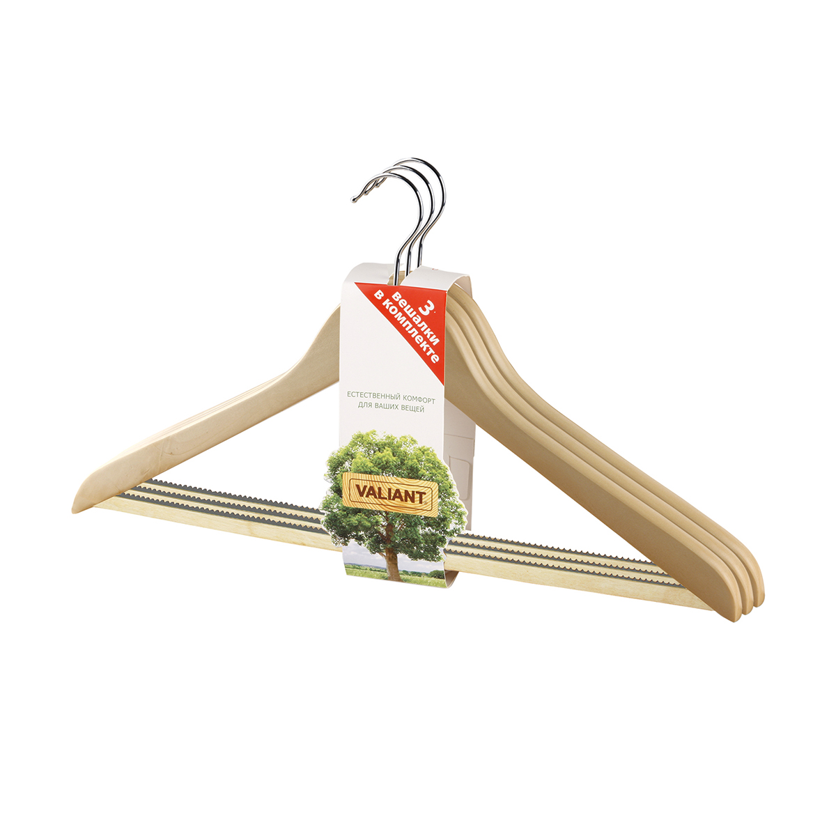 Вешалки для одежды дерев. с нескольз. перекладиной (3 шт.) натур. (1/32) "valiant" 16613s