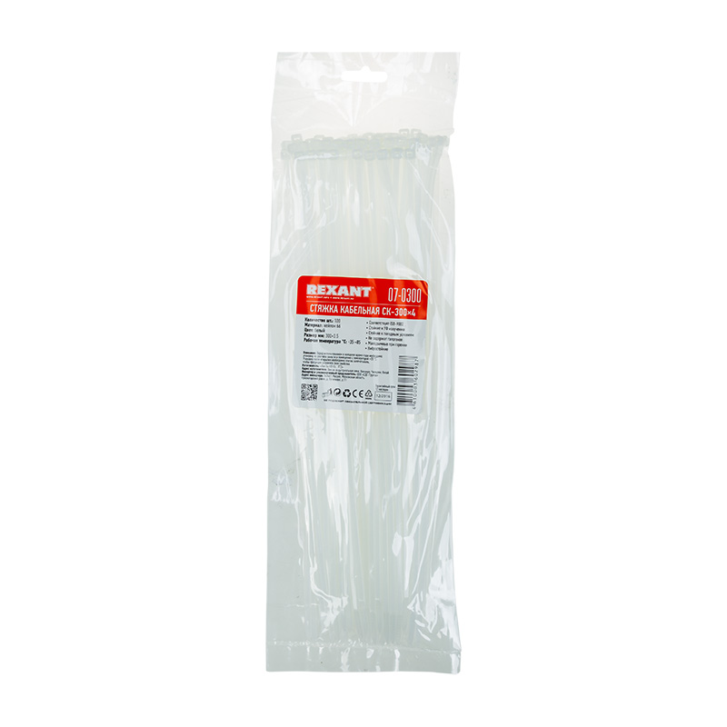 Хомуты нейлон 3,6 х 300 мм (набор 100 шт.), белые (1/10/100) "rexant" 07-0300