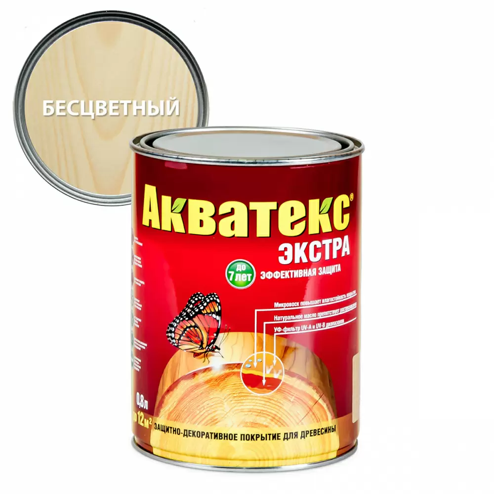 Акватекс-Экстра защитно-декоративное покрытие для древесины алкидное полуглянц, бесцветный (0,8л)