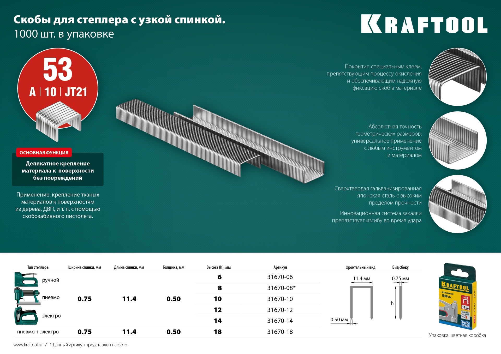 KRAFTOOL тип 53 (A/10/JT21) 12 мм, 1000 шт, калибр 23GA, скобы для степлера (31670-12)